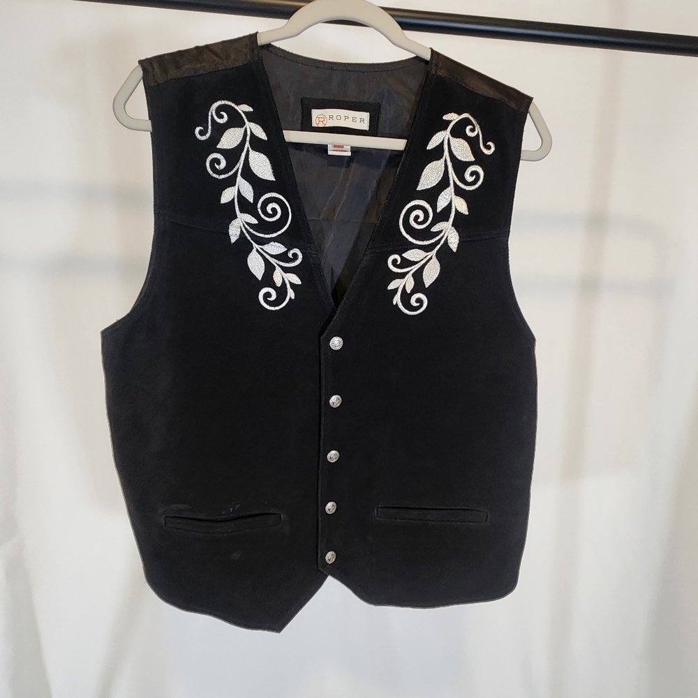 ROPER BLACK LEATHER EMROIDERED FRONT POLYESTER BACK VEST MEN'S SIZE XL